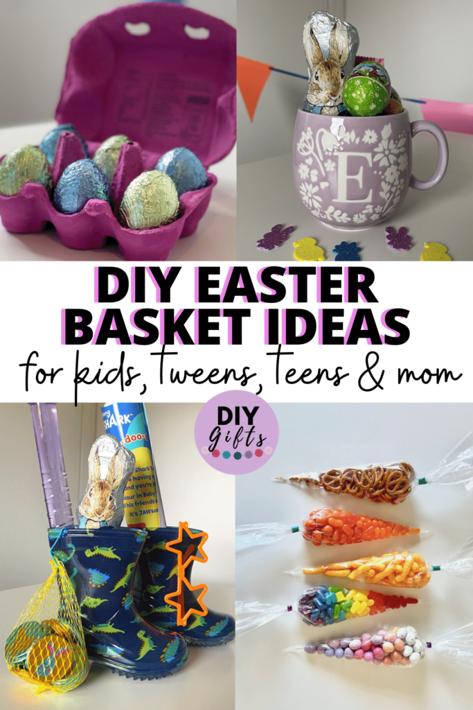 Easter basket ideas for kids using household items and crafty solutions. Easter back ideas can be adapted for tweens, teens and adults too!