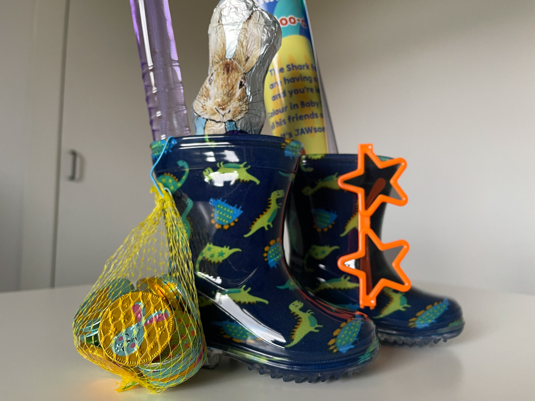 Rain Boot Easter Basket including bubble wand, chocolate bunny, easter coins
