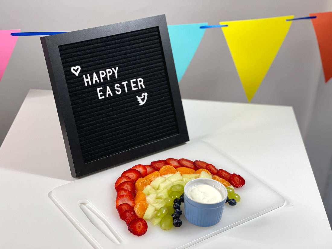 Rainbow Fruit Charcuterie Boards Easter Sign